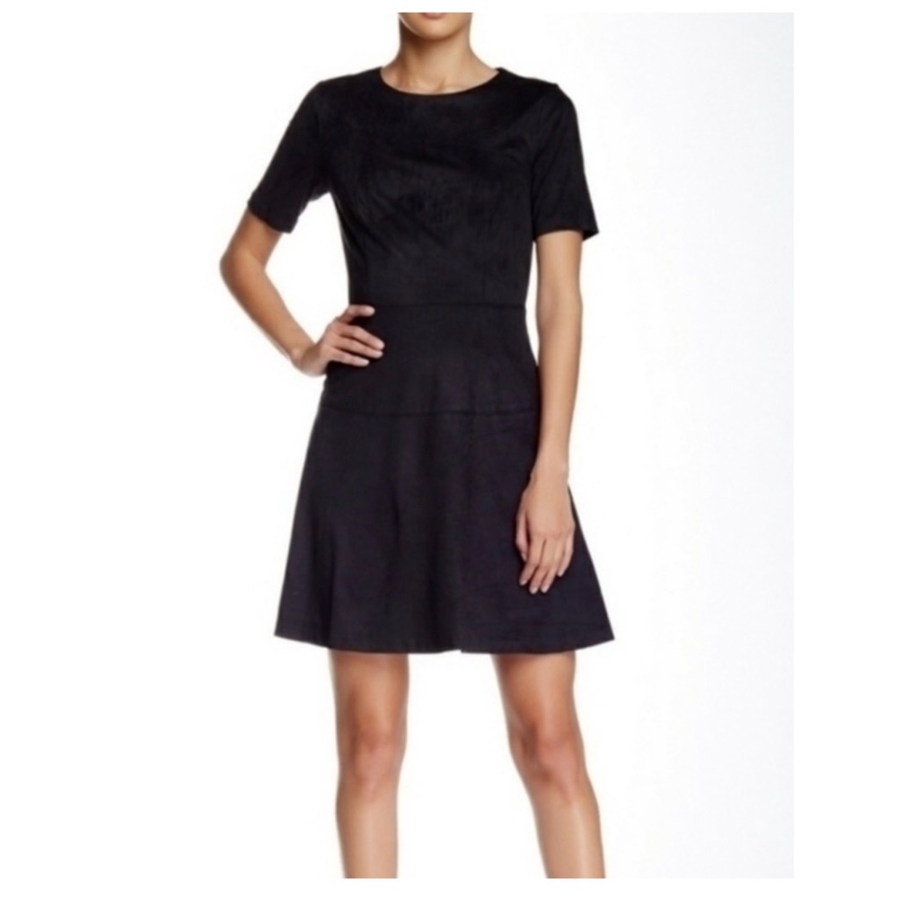 CeCe Cynthia Steffe Women's Sz 10 Black Faux Suede Fit & Flare Dress Stretch